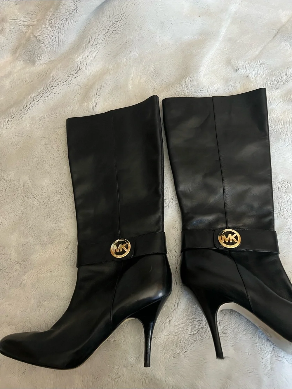 Michael Kors Black Leather Knee-High Stiletto Boots with Gold Logo